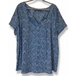 A new approach womens 2xl shirt blue floral blouse boho split neck top